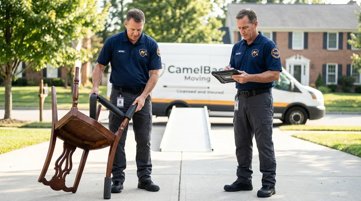 Movers inspecting furniture for damage prevention before loading in Waynesboro, TN