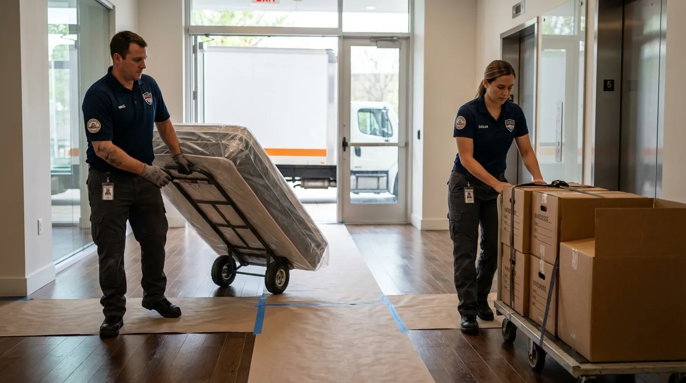 Professional apartment movers loading elevator in Waynesboro, TN