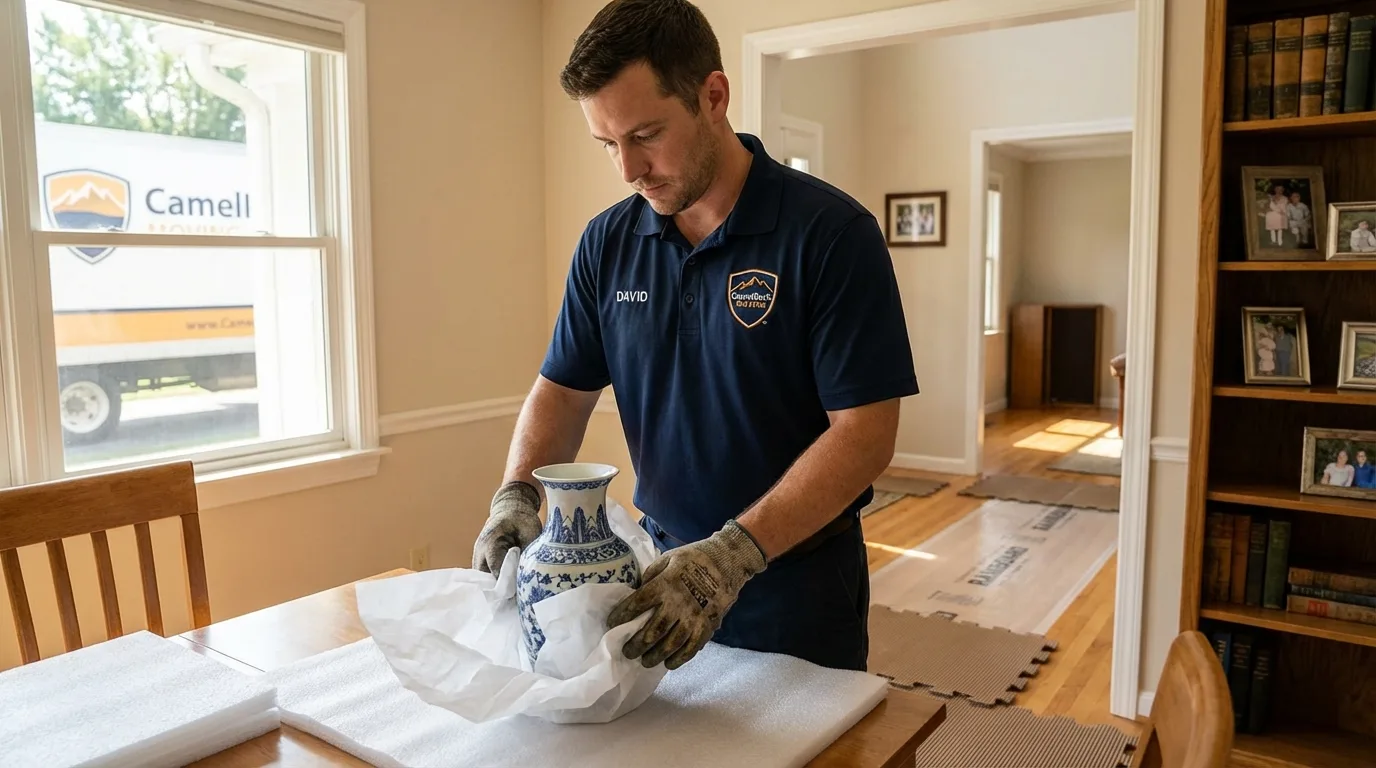 Professional crew carefully wrapping antique vase for senior downsizing move in Waynesboro, TN
